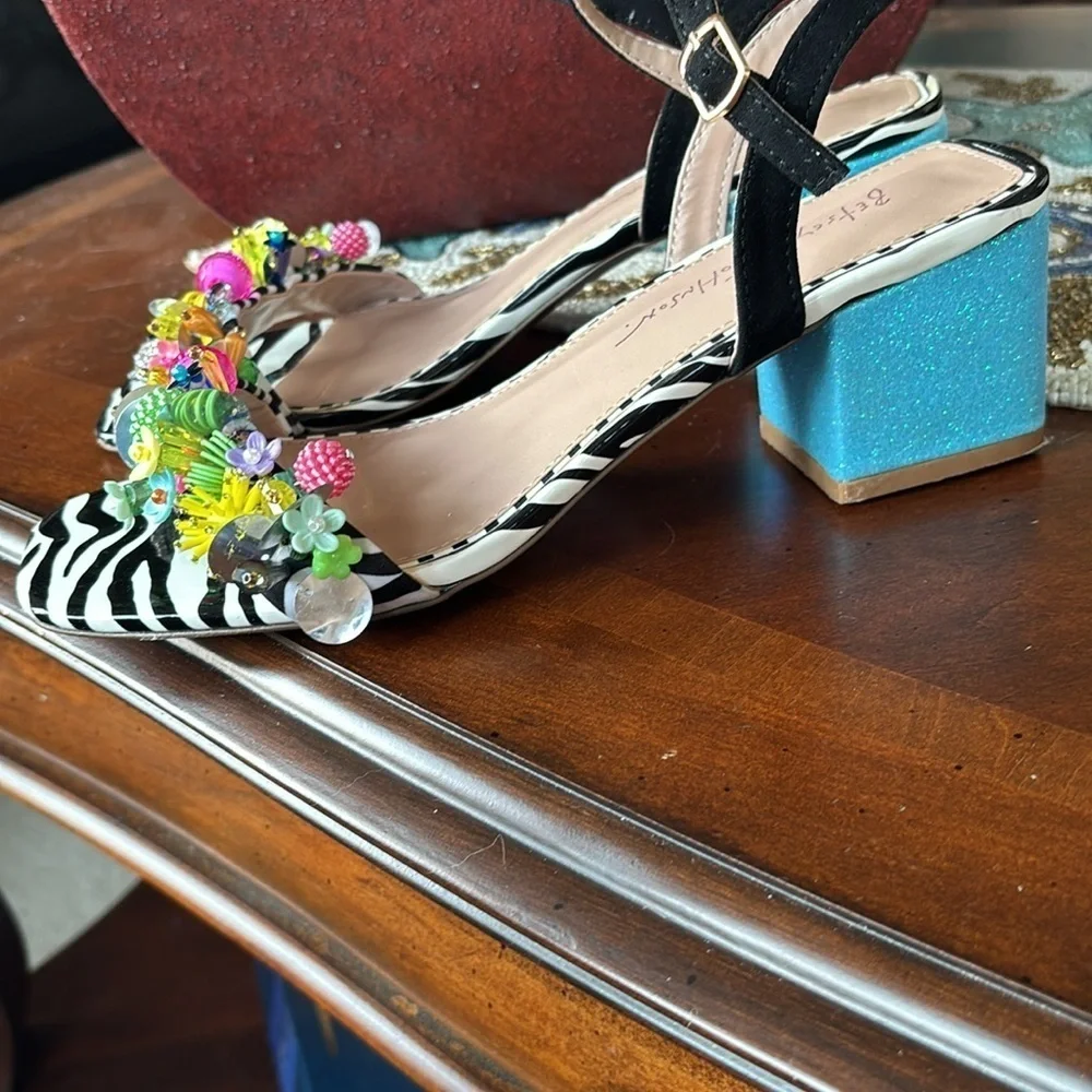 BETSEY JOHNSON Black Embellished Ankle Strap Open Toe Block Heel Beaded Sandals